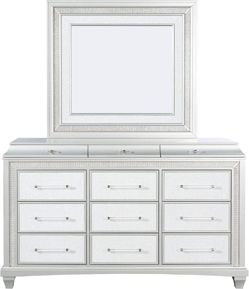 Furniture of America Silvia Glam Solid Wood 5-Piece Bedroom Set with Layered Frame Bed, Faux Crystal Trim LED on Nightstands and Dresser with Mirror, Box Spring Needed for Bedroom, King, Silver