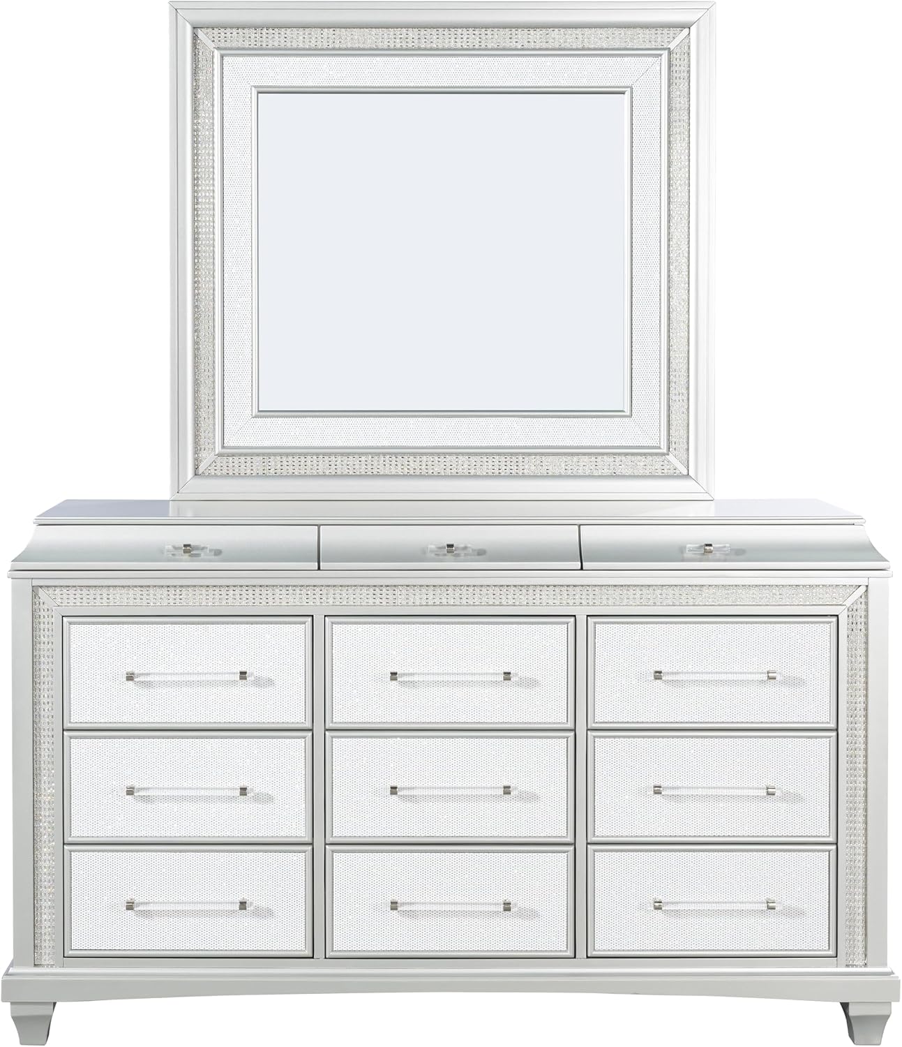 Furniture of America Silvia Glam Solid Wood 5-Piece Bedroom Set with Layered Frame Bed, Faux Crystal Trim LED on Nightstands and Dresser with Mirror, Box Spring Needed for Bedroom, King, Silver