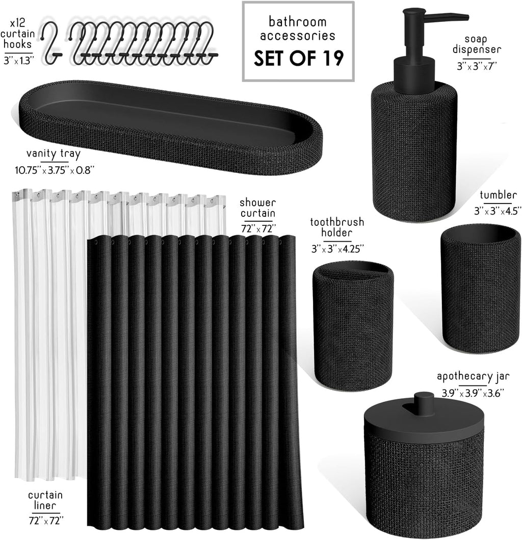 Hearth & Harbor Bathroom Set - Black Bathroom Accessories Set, 19PC Bathroom Accessory Set, Bathroom Sets with Shower Curtain Set, Soap Dispenser & Toothbrush Holder
