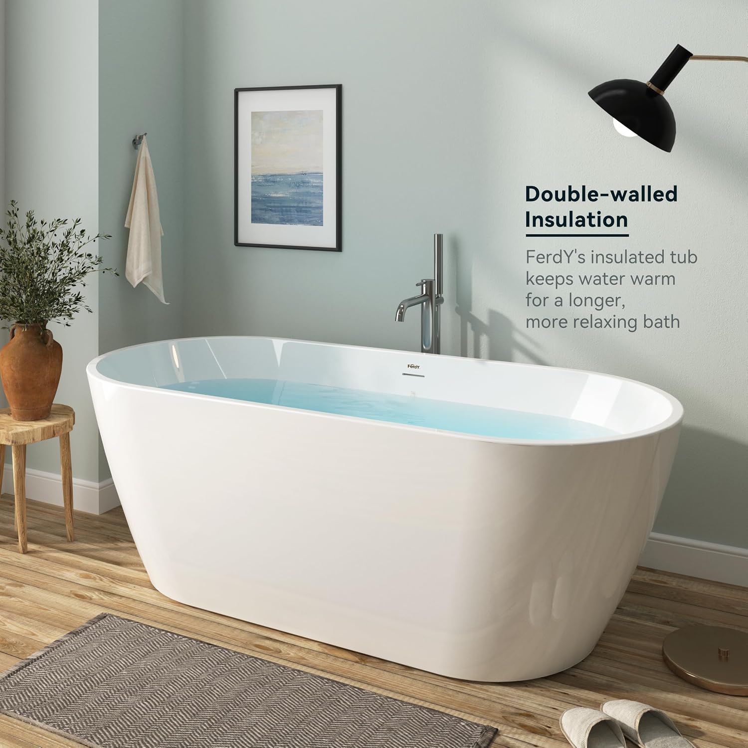 FerdY 67' Bali Acrylic Freestanding Bathtub, Gracefully Shaped Freestanding Soaking Bathtub, cUPC Certified, Toe-Tap Brushed Nickel Drain and Minimalist Linear Design Overflow Included