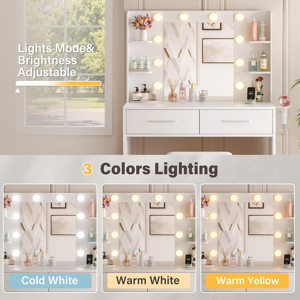 YESHOMY Vanity Desk with Mirror, Makeup Table with 2 Large Drawers, Power Outlet and Round Holder, 3 Color Modes Adjustable Bulb, Bench Included, Easy Assembly, Gloss White