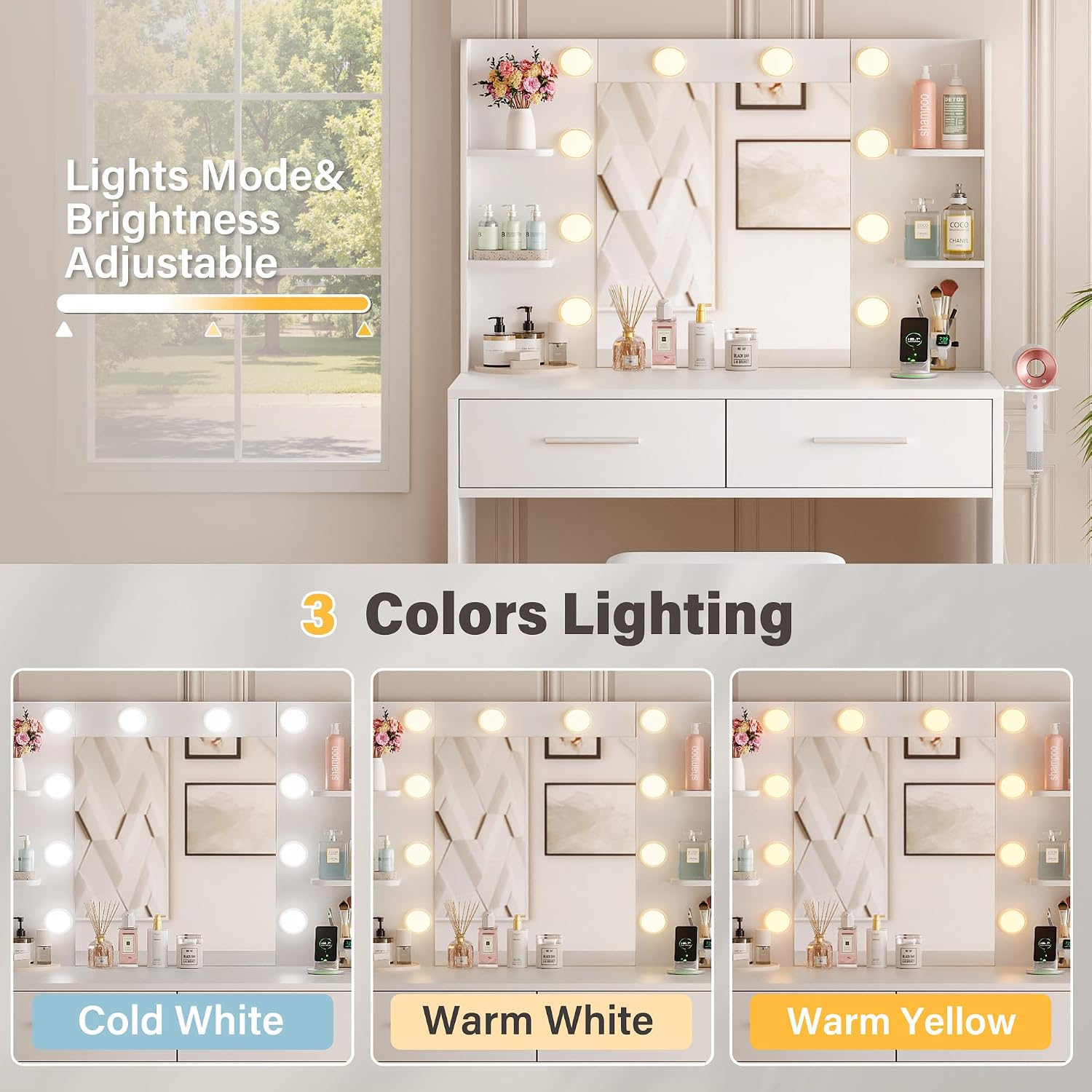 YESHOMY Vanity Desk with Mirror, Makeup Table with 2 Large Drawers, Power Outlet and Round Holder, 3 Color Modes Adjustable Bulb, Bench Included, Easy Assembly, Gloss White