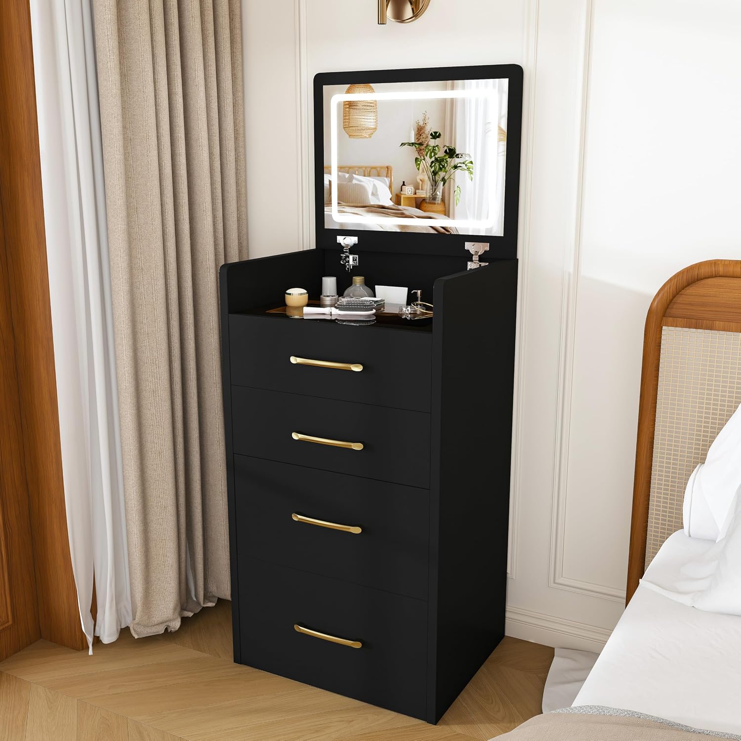 3 in 1 Vanity Desk with Plip Top Mirror and Lights,Small Make Up Vanity Set with Visible Glass Desktop,Compact Makeup Vanity with 3 Drawers,Dressing Table for Bedroom,Black