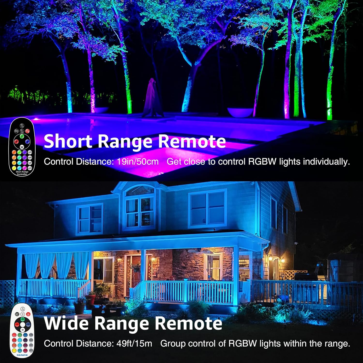 SUNVIE 12 Pack RGBW Color Changing Landscape Lights with 300W Low Voltage Landscape Transformer 12-24V LED Landscape Lighting Kit Waterproof Multicolor Spotlights for Christmas House Yard Tree Garden