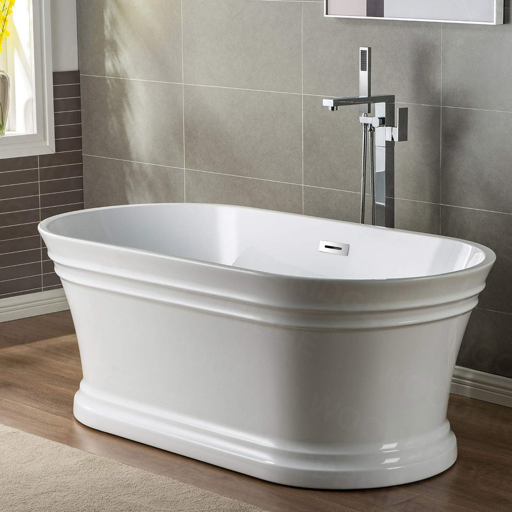 WOODBRIDGE 59'Freestanding White Acylic Soaking Bathtub with White Pillow,Drain and Overflow inChrome,BTA1536 -C-Drain &O+ Pillow