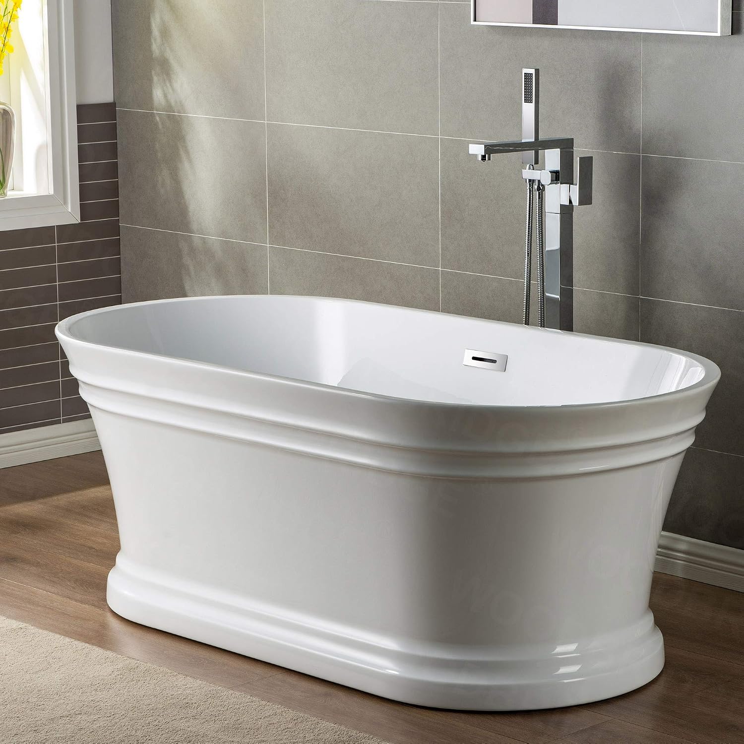 WOODBRIDGE 59'Freestanding White Acylic Soaking Bathtub with White Pillow,Drain and Overflow inChrome,BTA1536 -C-Drain &O+ Pillow