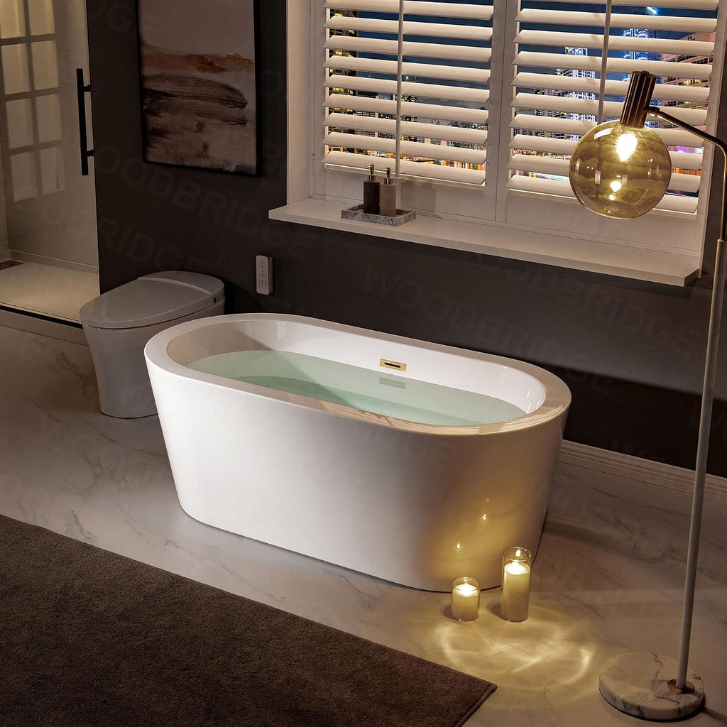 WOODBRIDGE 59' Acrylic Freestanding Bathtub Contemporary Soaking White Tub with Brushed Gold Overflow and Drain，B0012 -BG-Drain &O
