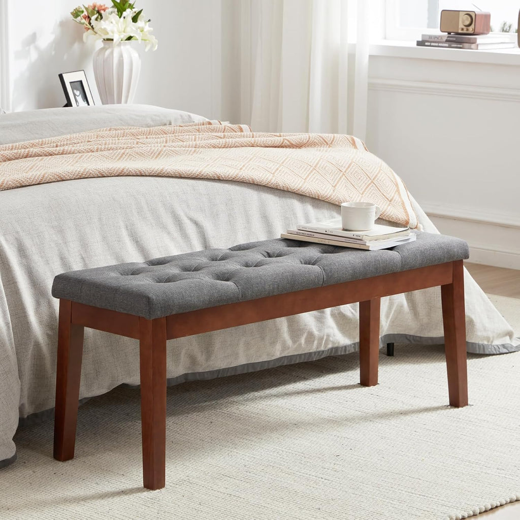 Ottoman Bench Upholstered Padded Seat with Solid Wood Legs and Button-Tufted, Linen Dark Gray