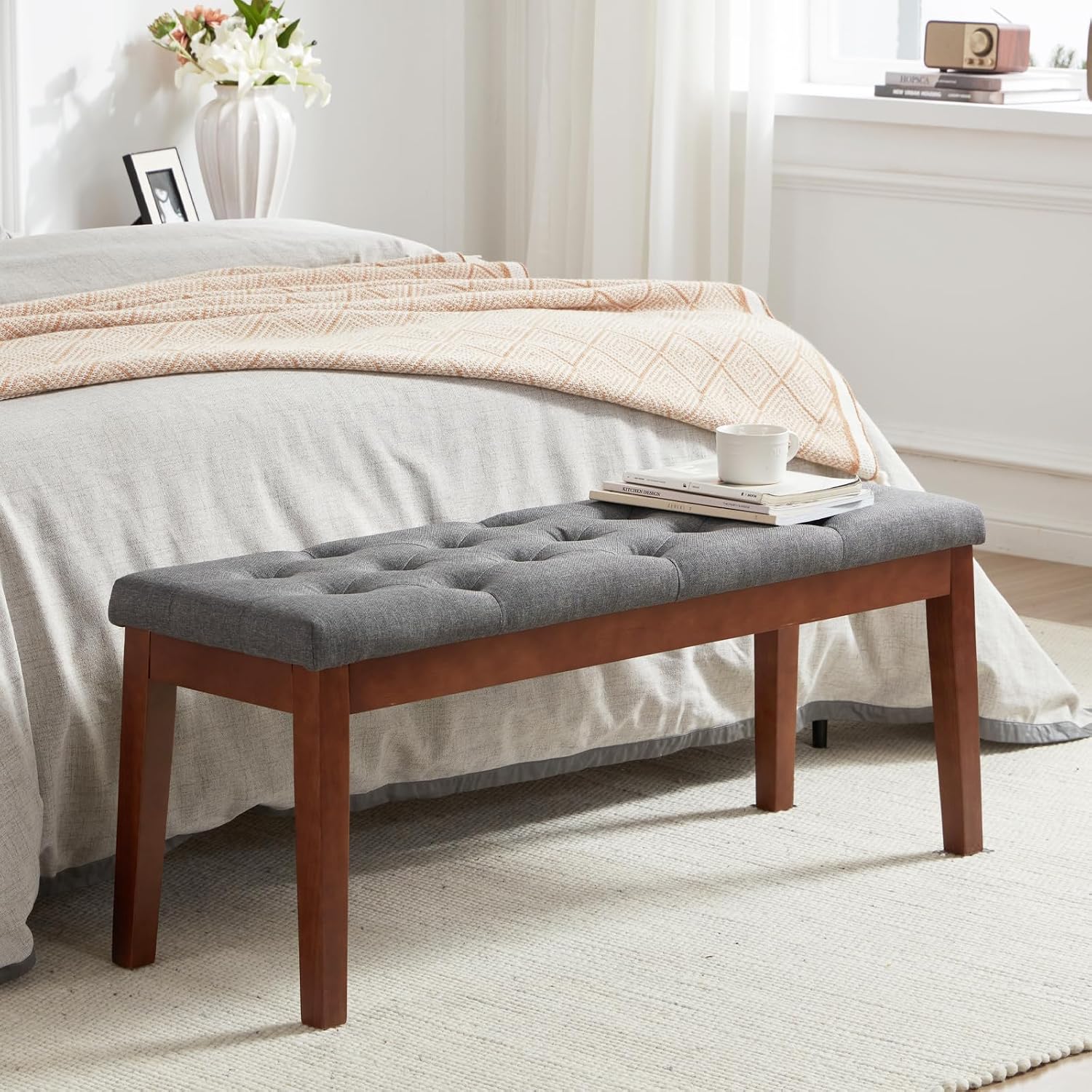 Ottoman Bench Upholstered Padded Seat with Solid Wood Legs and Button-Tufted, Linen Dark Gray