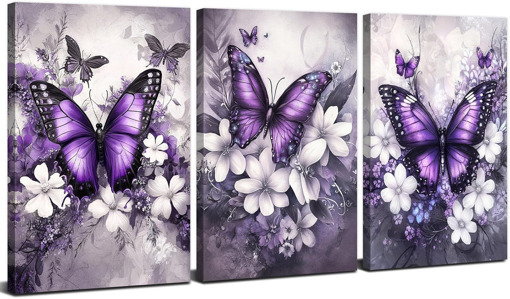 Vintage Floral Wall Art Purple Butterfly Flower Wall Decor Nature Blossom Botanical Pictures Farmhouse Wildflower Canvas Prints Painting Artwork for Bedroom Living Room Home Decoration 24x36' 3Pcs