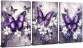 Vintage Floral Wall Art Purple Butterfly Flower Wall Decor Nature Blossom Botanical Pictures Farmhouse Wildflower Canvas Prints Painting Artwork for Bedroom Living Room Home Decoration 24x36' 3Pcs