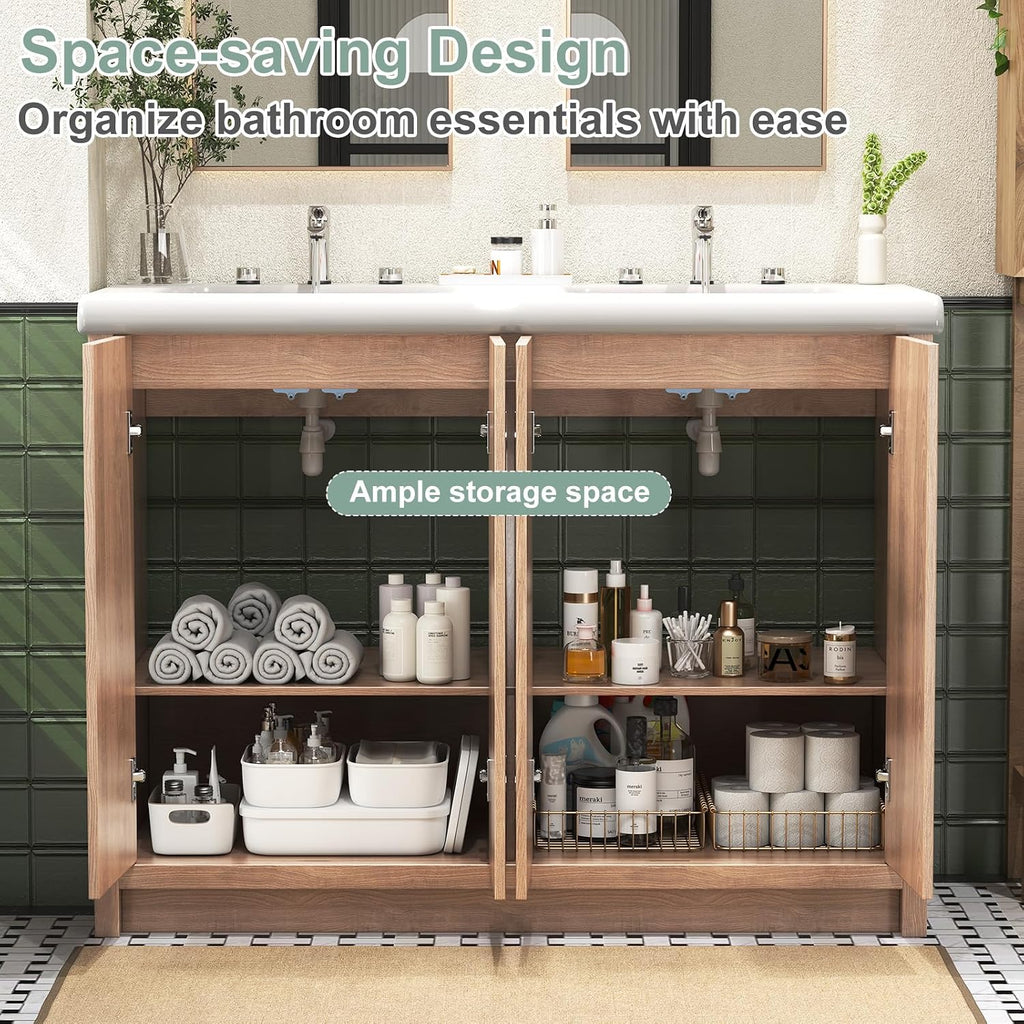 46.7 inch Bathroom Sink Vanity Combo, Large Freestanding Double Bath Vanity Sink Set with 4 Cabinets, Dual Basin Bathroom Storage Cabinet, Natural Wood Color