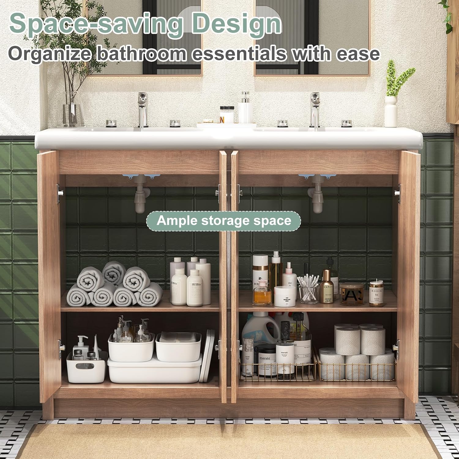 46.7 inch Bathroom Sink Vanity Combo, Large Freestanding Double Bath Vanity Sink Set with 4 Cabinets, Dual Basin Bathroom Storage Cabinet, Natural Wood Color