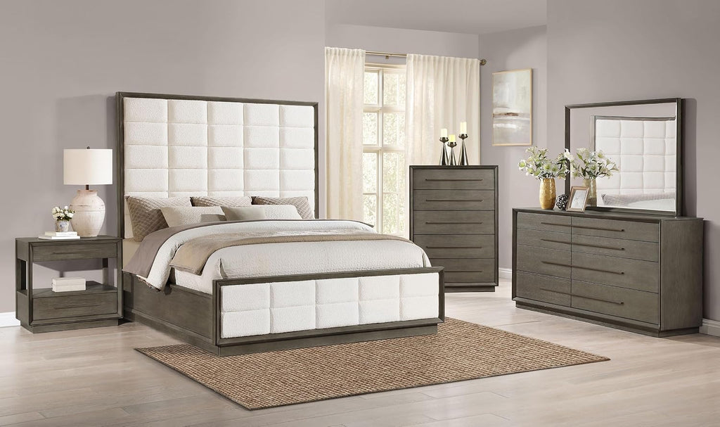 Coaster Home Furnishings Durango Transitional 5-Piece Bedroom Set Boucle Upholstered Eastern King Size Panel Bed Frame 80-inch Headboard Washed Oak 223271KE-S5