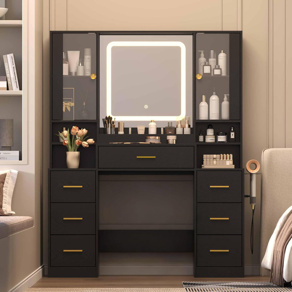 Wodeer Black Makeup Vanity Desk with Mirror & Lights, Modern Vanity Table with Charging Station, 7 Drawers, Glass Cabinet, Adjustable Shelves, Bedroom Dressing Table Set for Women & Girls