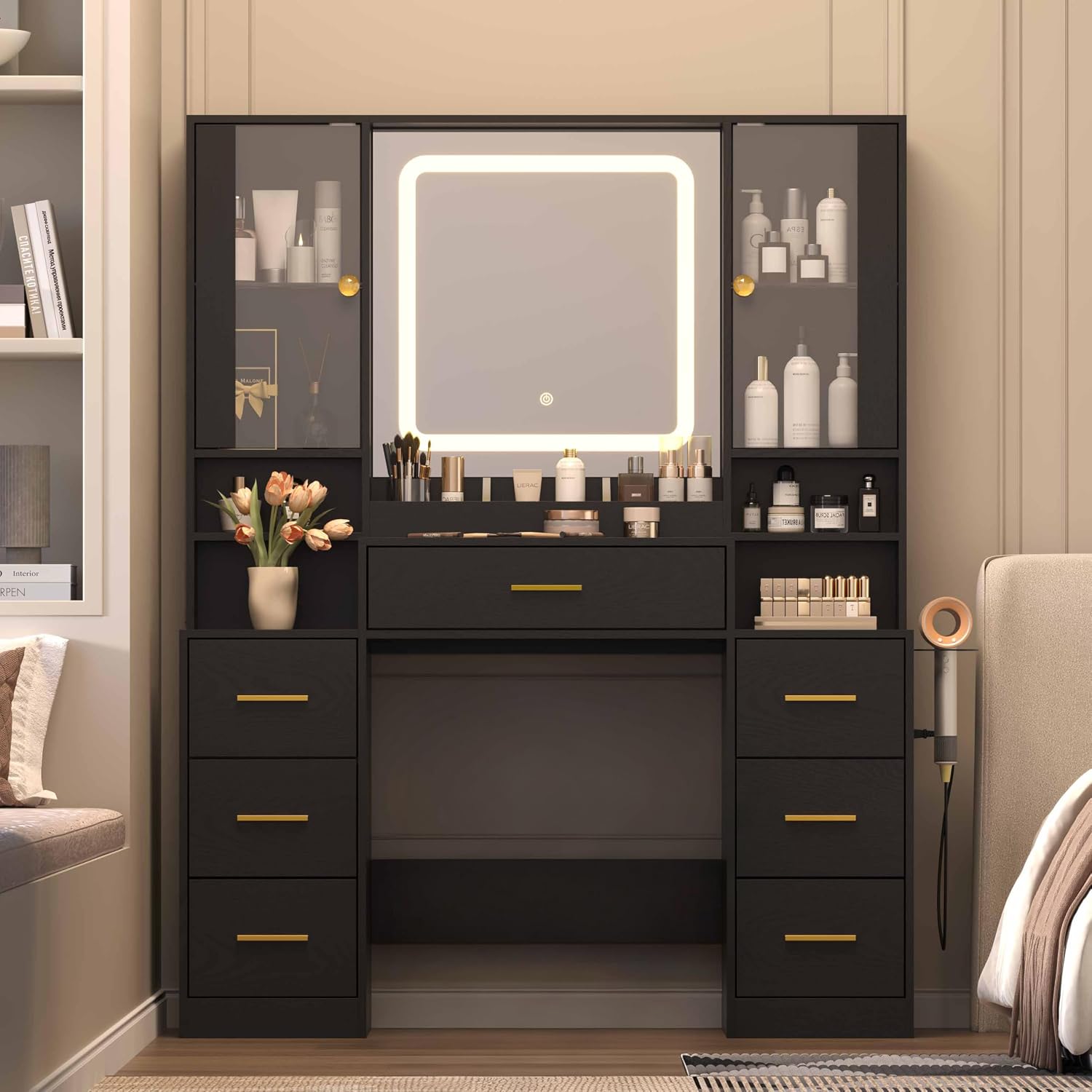 Wodeer Black Makeup Vanity Desk with Mirror & Lights, Modern Vanity Table with Charging Station, 7 Drawers, Glass Cabinet, Adjustable Shelves, Bedroom Dressing Table Set for Women & Girls