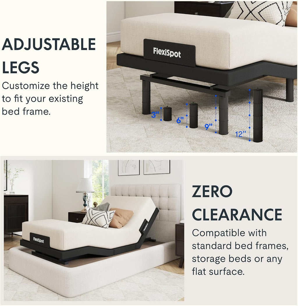 FLEXISPOT Adjustable Bed Frame Base Twin XL, Massage, Zero Clearance, Quick Assembly, Under-Bed Lights,Whisper Quiet Durable Motor, Zero Gravity, Mattress Holder, Anti-Snore, Wireless Remote.