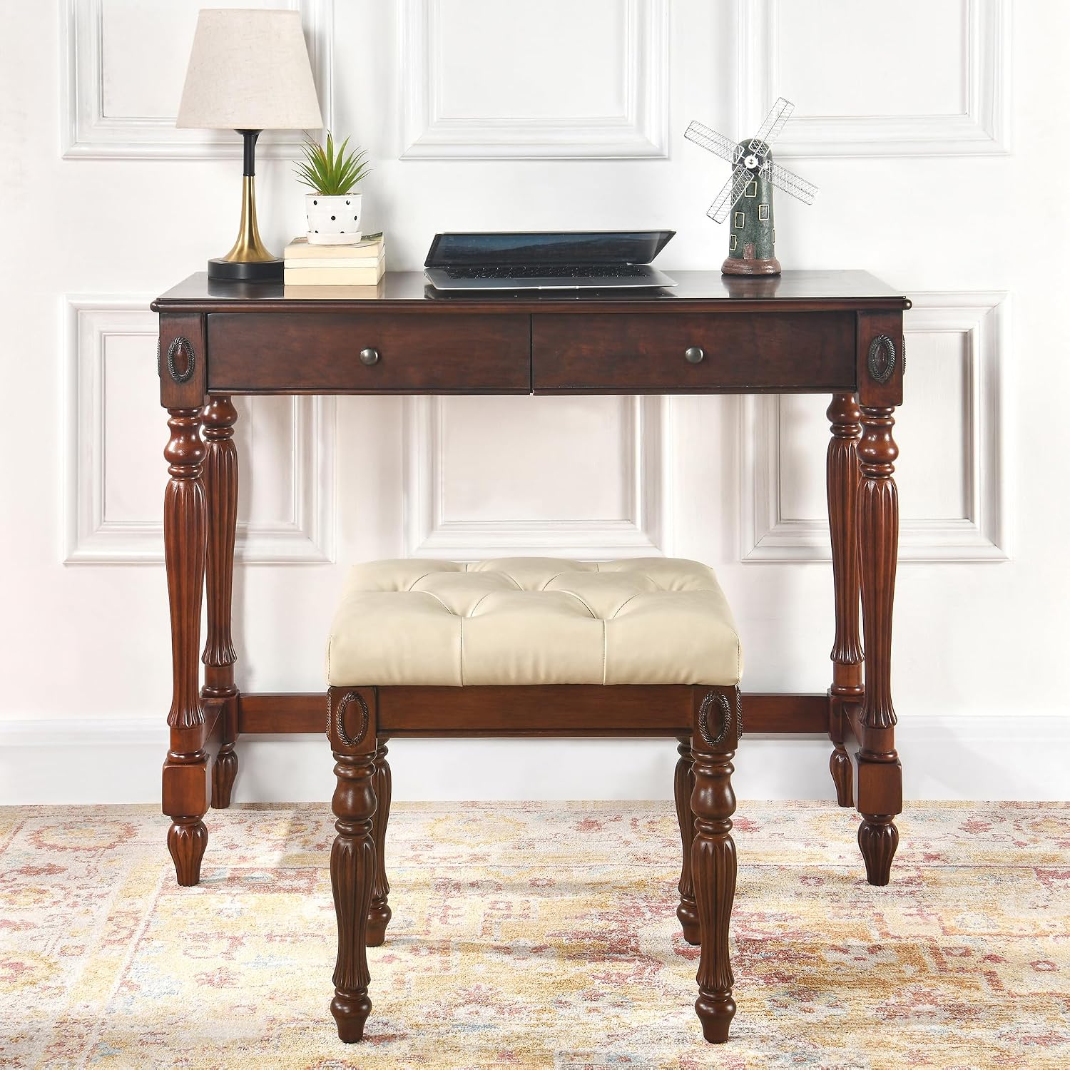 Vanity Bench Stool with Upholstered Seat, Piano Bench with Solid Wood Carving Legs, Home Chairs Button Padded Cushion, Makeup Dressing Bench, No-Tools Assembly, Cherry Walnut Leg & Beige FD1533BG