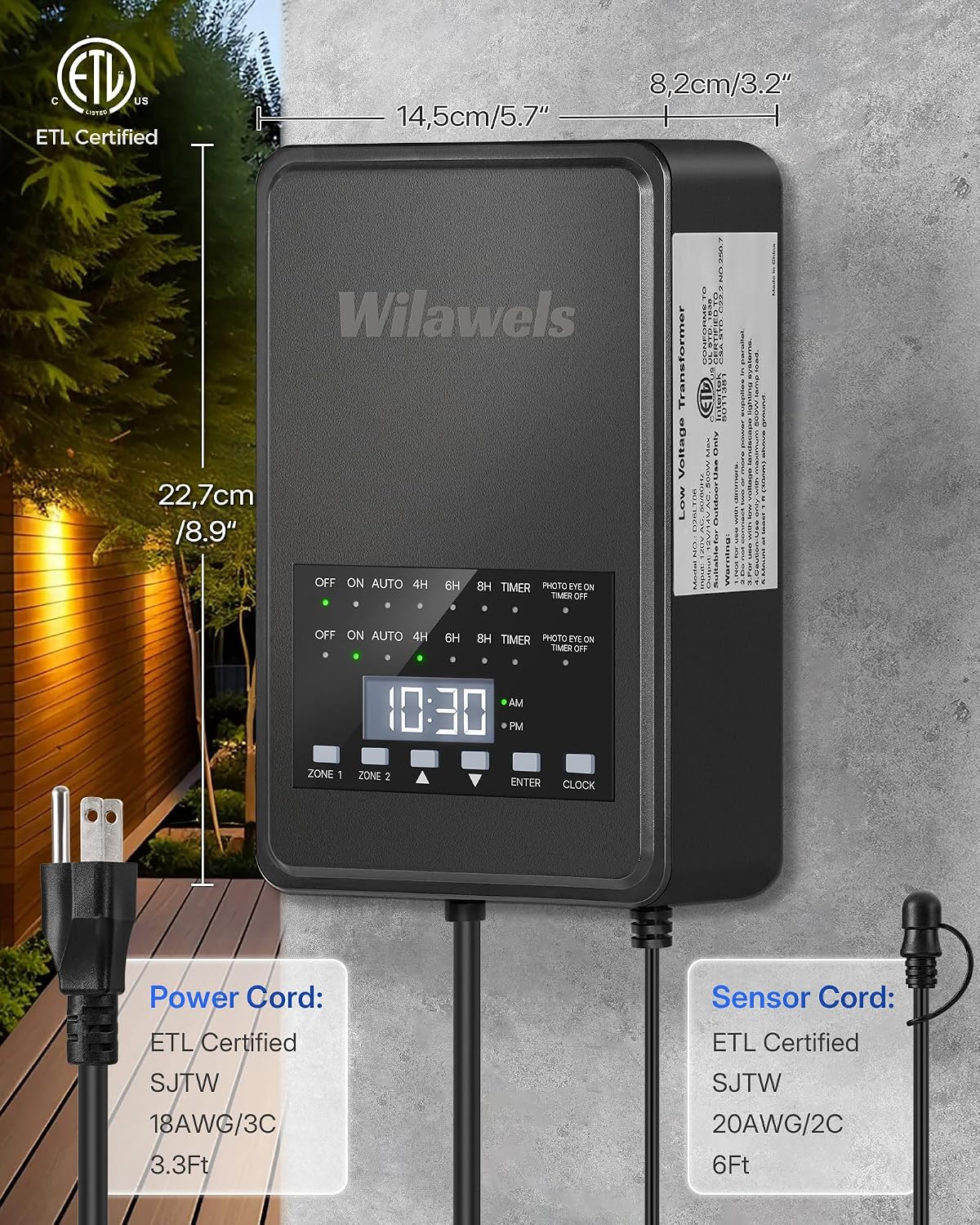 500W Low Voltage Landscape Transformer, 2 Zone Independent Control 120VAC to 12/14V AC Low Voltage Transformer, Landscape Lighting Transformer with Timer & Photocell Sensor ETL Listed D29LT06