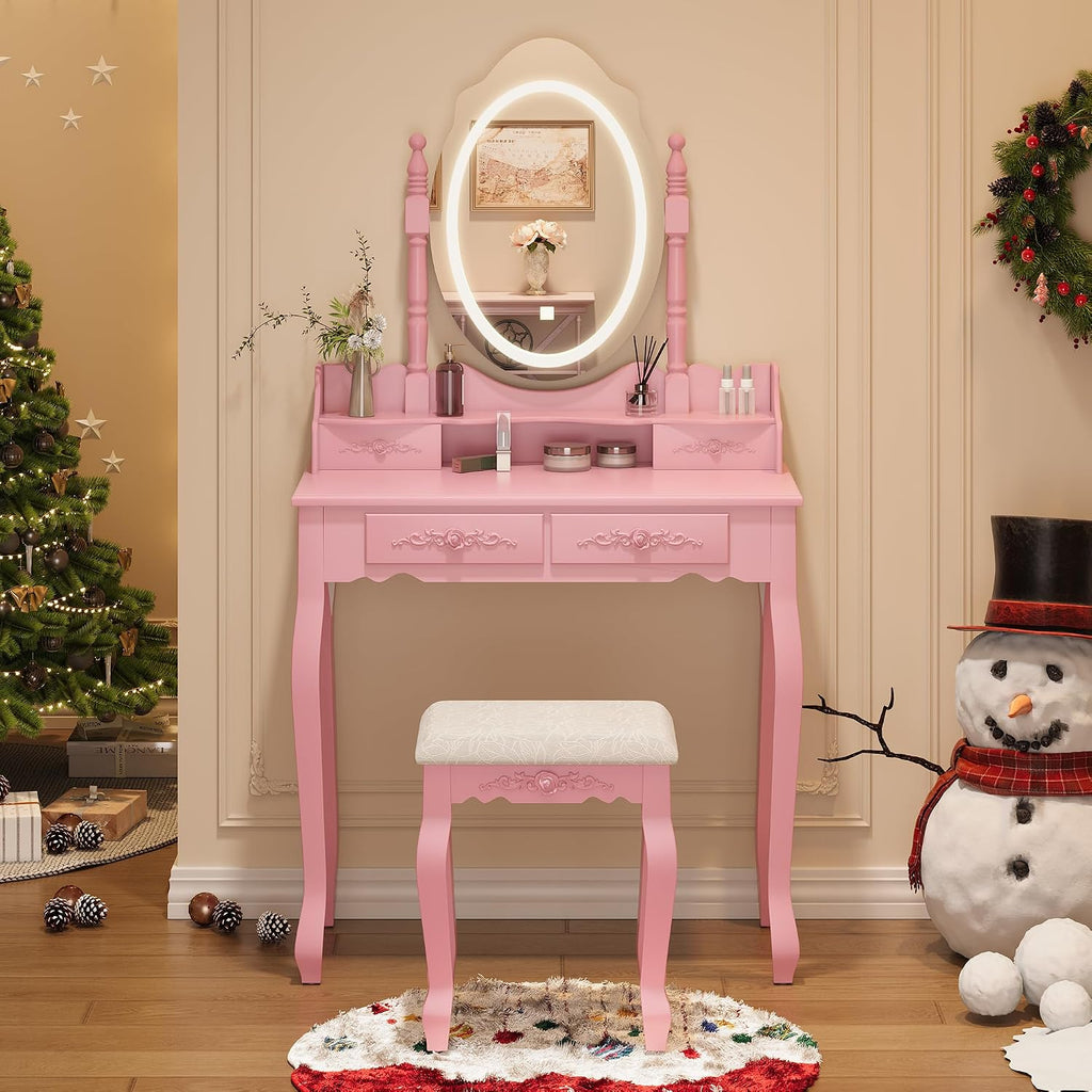 Vanity Desk with Mirror and Lights, Modern Vanity Makeup Table and Cushioned Stool Set with 4 Drawers, 3 Color Lighting Modes with Adjustable Brightness, Dressing Table Set for Bedroom (Pink Vanity)