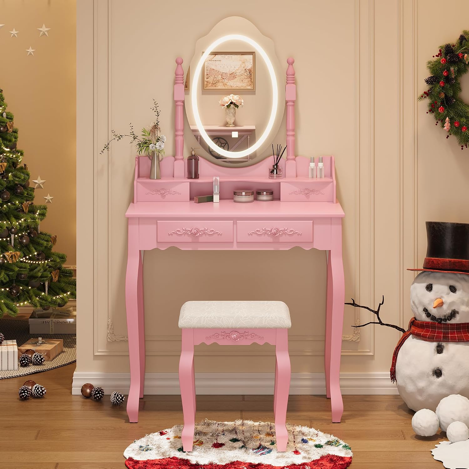 Vanity Desk with Mirror and Lights, Modern Vanity Makeup Table and Cushioned Stool Set with 4 Drawers, 3 Color Lighting Modes with Adjustable Brightness, Dressing Table Set for Bedroom (Pink Vanity)
