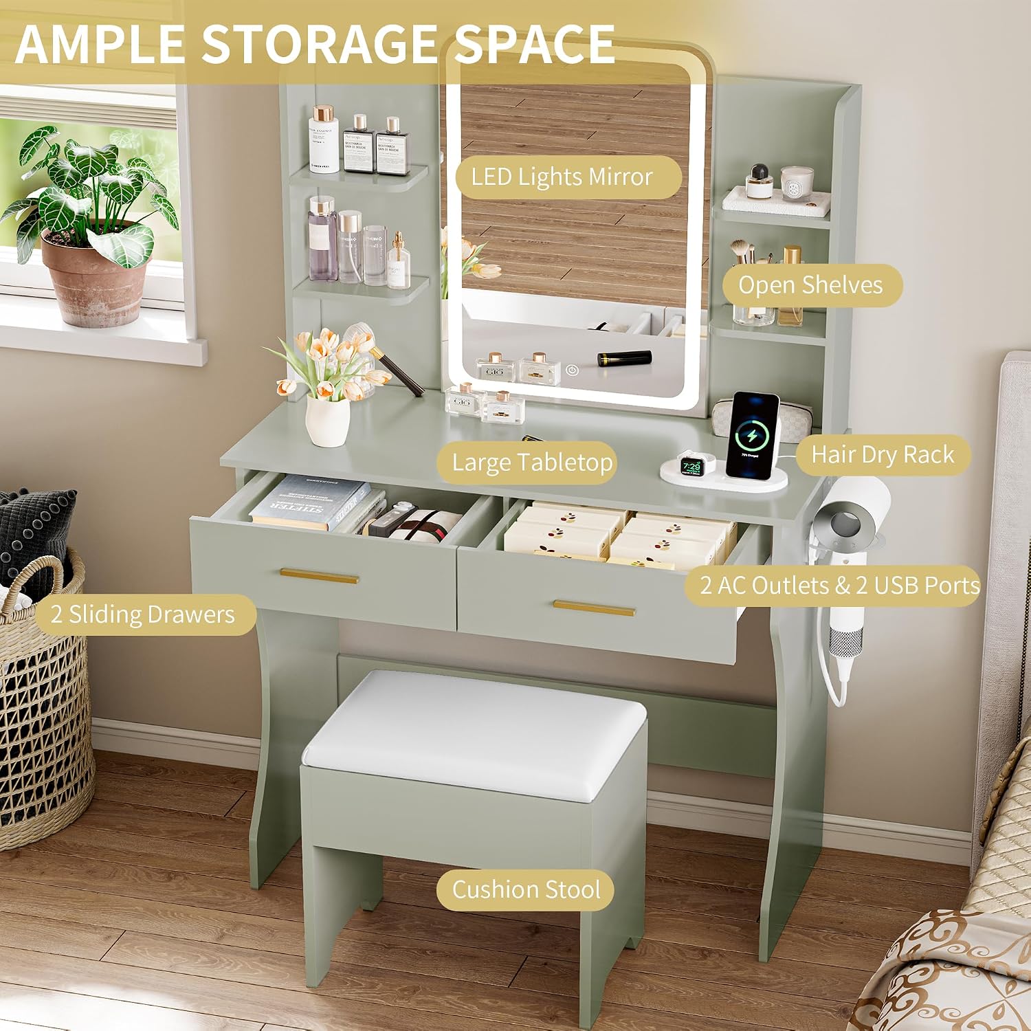 Vanity Desk with LED Lights Mirror & Power Outlet, Small Makeup Vanity Table Set with Storage Drawers & Chair, 3 Lighting Modes & Adjustable Brightness, Dressing Table for Women Girls Bedroom, Green