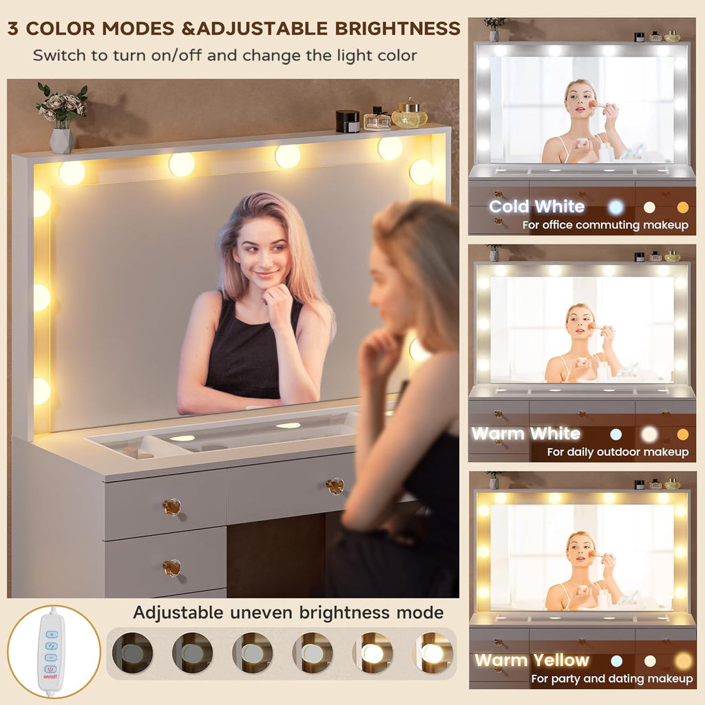 DINGIPP Vanity with Large Mirror and 10 LED Lights, Vanity Desk with Glasstop, 11 Drawers with Crystal Handles, Dressing Table with Power Outlet as Gift for Women, Girls (White)