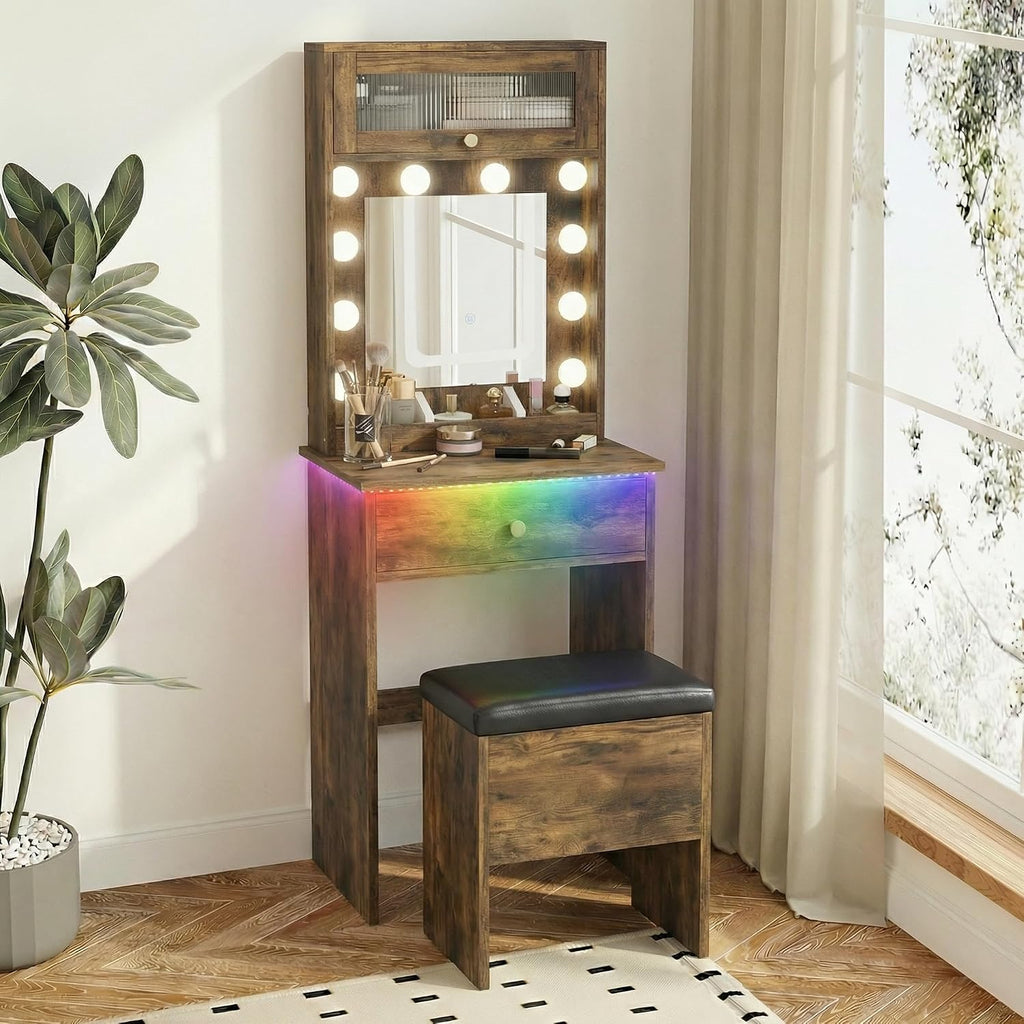 ARTETHYS Small Vanity Desk with Mirror and Lights Rustic Small Makeup Vanity with Storage Chair Mini Makeup Table Set for Bedroom Compact Dressing Table with RGB Lights for Tiny Space