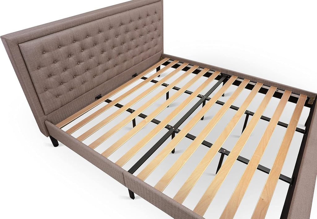 East West Furniture KD18K-2HI07 3 Piece Bed Set - 1 King Bed Brown Linen Fabric Padded and Button Tufted Headboard with 2 nightstands - Distressed Jacobean Finish Nightstand