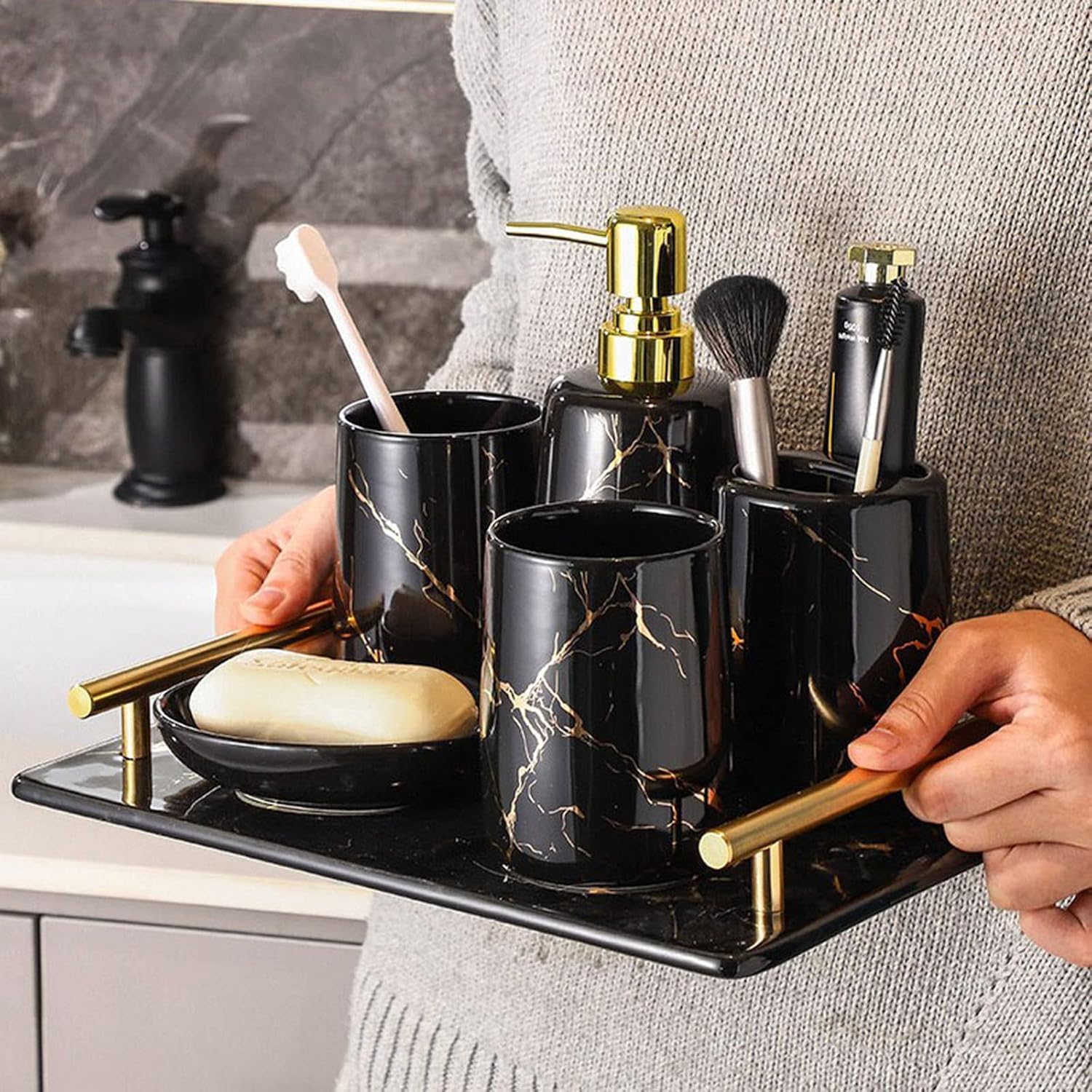 Bathroom soap Dispenser Set, 6 Pieces Bathroom soap Dispenser and Toothbrush Holder Set, Toothbrush Holder, Vanity Tray for Decor Bathroom Countertop, Vanity Organizer -Beige