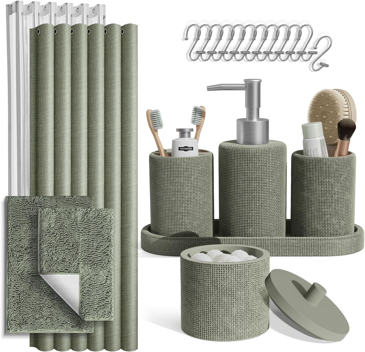 Hearth & Harbor Sage Green Bathroom Set - Bathroom Sets with Shower Curtain and Rugs, 21PC Bathroom Accessory Set, Shower Curtain Set with Soap Dispenser & Toothbrush Holder