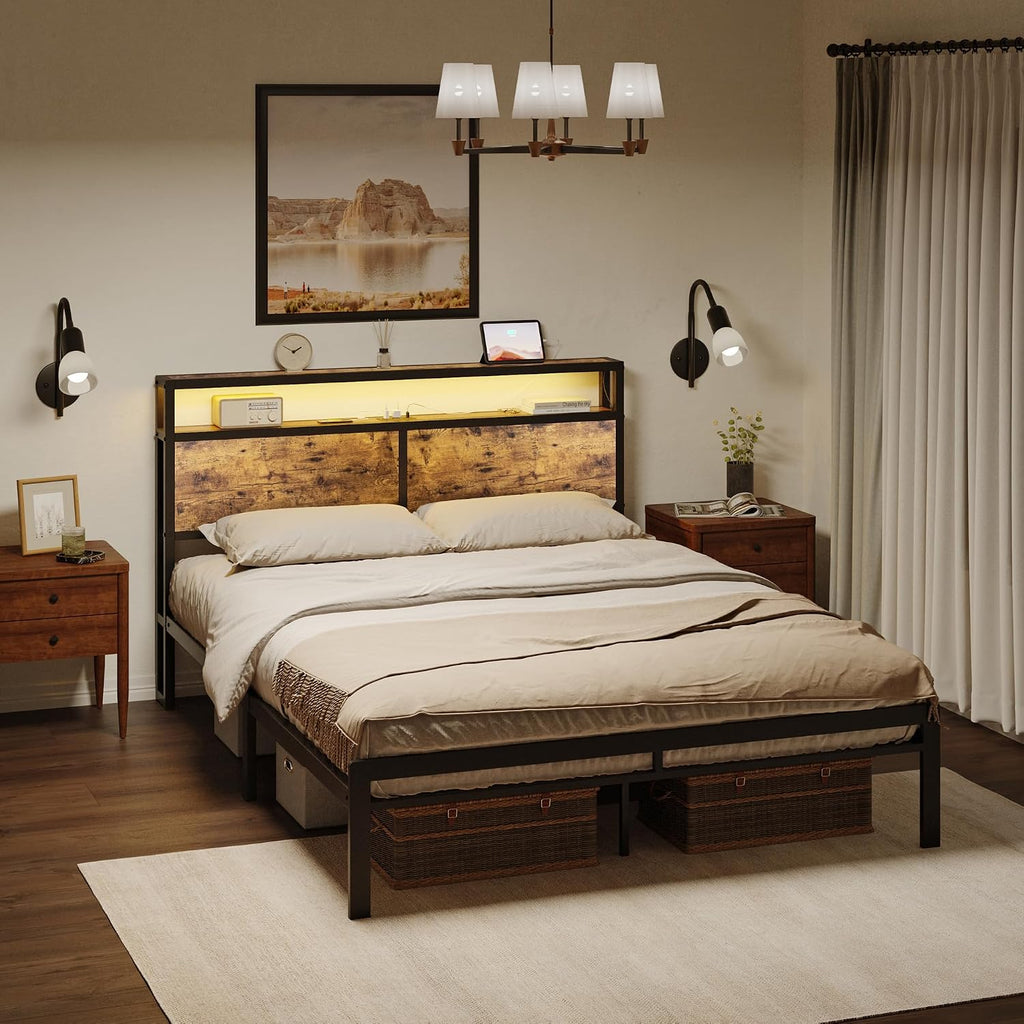 HAUSOURCE Queen Bed Frame with Storage Headboard LED Lights Metal Platform Non-Slip Without Noise Mattress Foundation Strong Metal Slats Support No Box Spring Needed