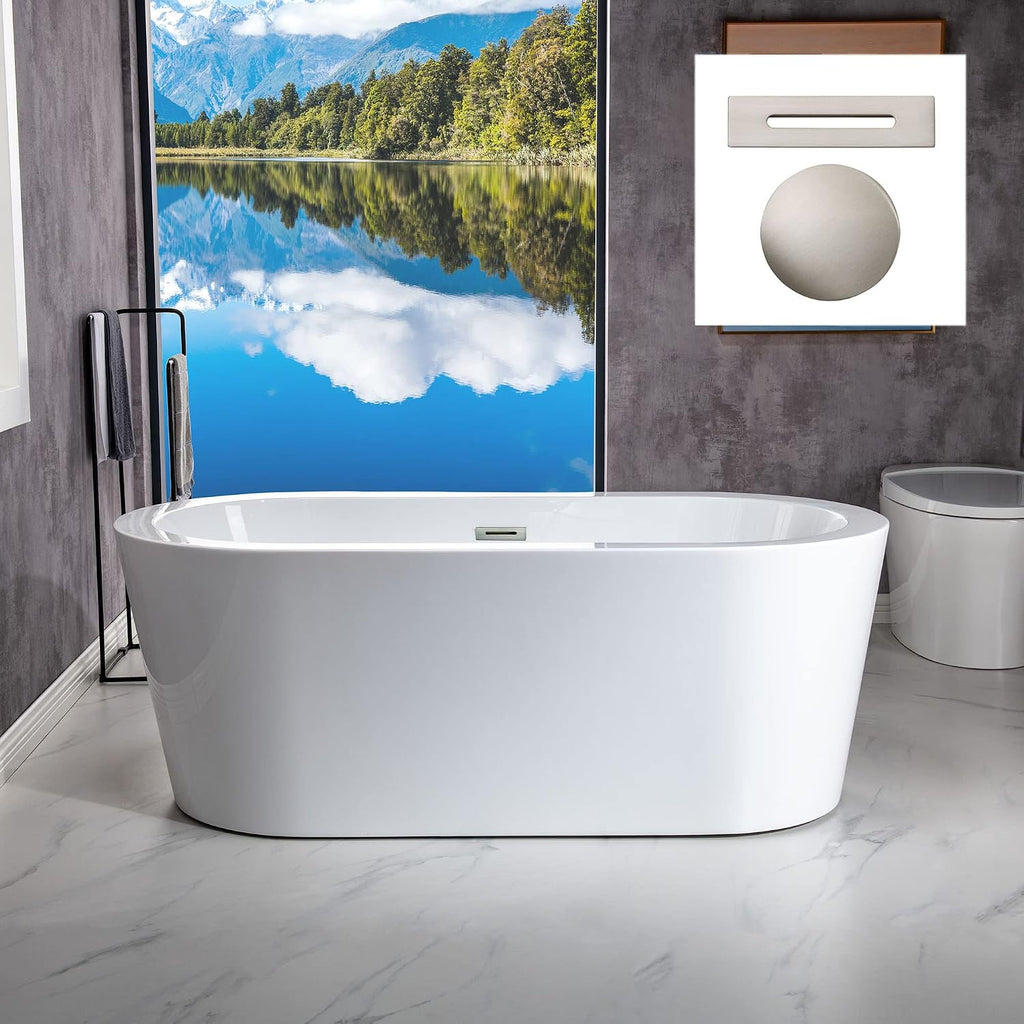 WOODBRIDGE 59' Acrylic Freestanding Bathtub Contemporary Soaking White Tub with Brushed Nickel Overflow and Drain，B0012 -B/N-Drain &O