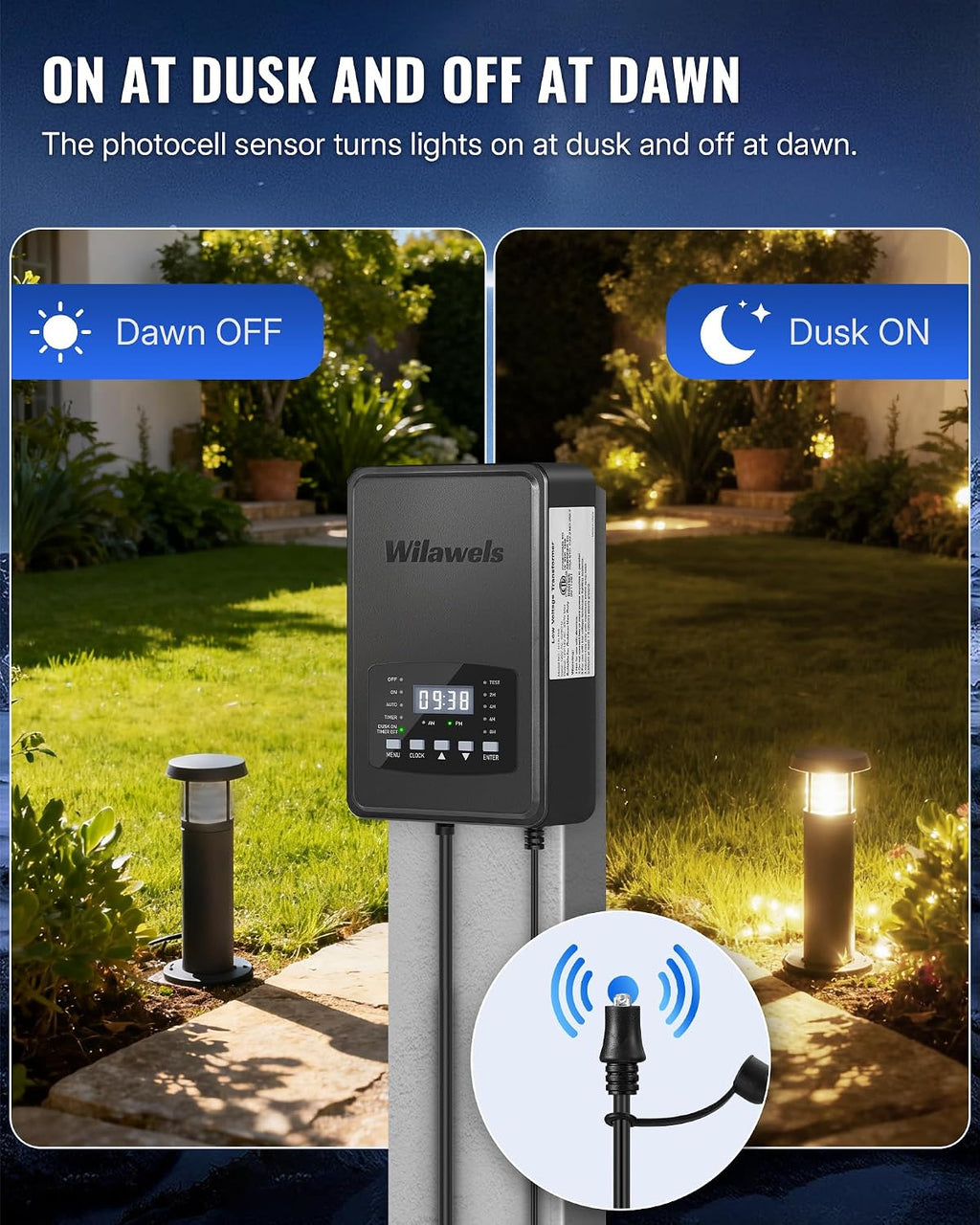 500W Low Voltage Landscape Transformer, Weatherproof Outdoor Low Voltage Transformer, 120V AC to 12/14V AC, Landscape Lighting Transformer with Timer and Photocell Sensor, ETL Listed D14LT06