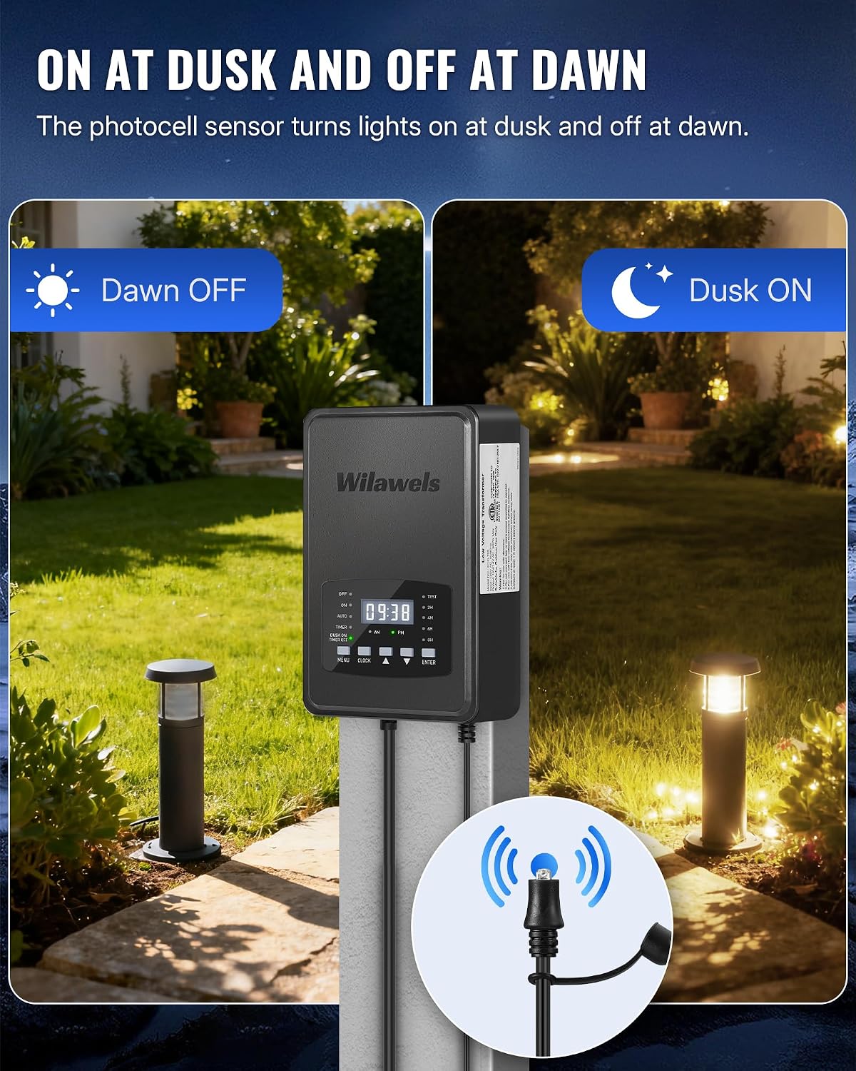 500W Low Voltage Landscape Transformer, Weatherproof Outdoor Low Voltage Transformer, 120V AC to 12/14V AC, Landscape Lighting Transformer with Timer and Photocell Sensor, ETL Listed D14LT06