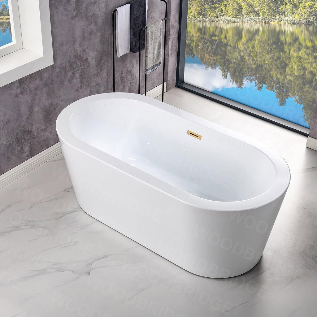 WOODBRIDGE 59' Acrylic Freestanding Bathtub Contemporary Soaking White Tub with Brushed Gold Overflow and Drain，B0012 -BG-Drain &O
