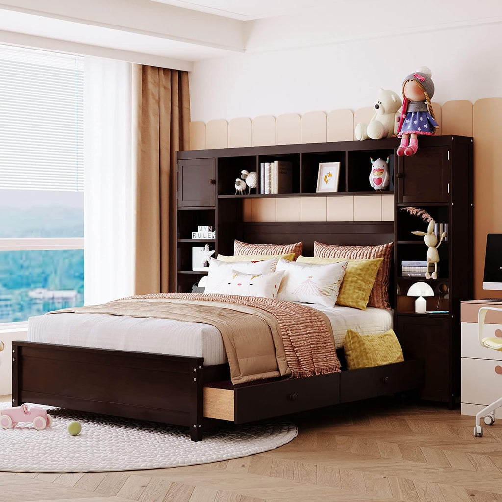 Polibi Full Size Bed Frame Wooden Platform Bed with All-in-One Cabinet and Shelf, 4 Storage Drawers & Wireable Charging Position with Holes,No Box Spring Required,Espresso