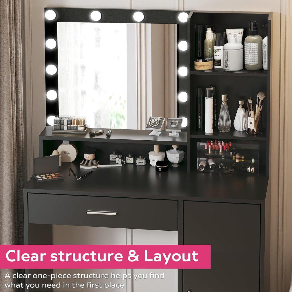 Palimder Vanity Desk with Mirror & Light, Large Drawer & Three Level Storage Dresser, 3 Lighting Modes Adjustable Brightness, Bedroom Dressing Table (Black)