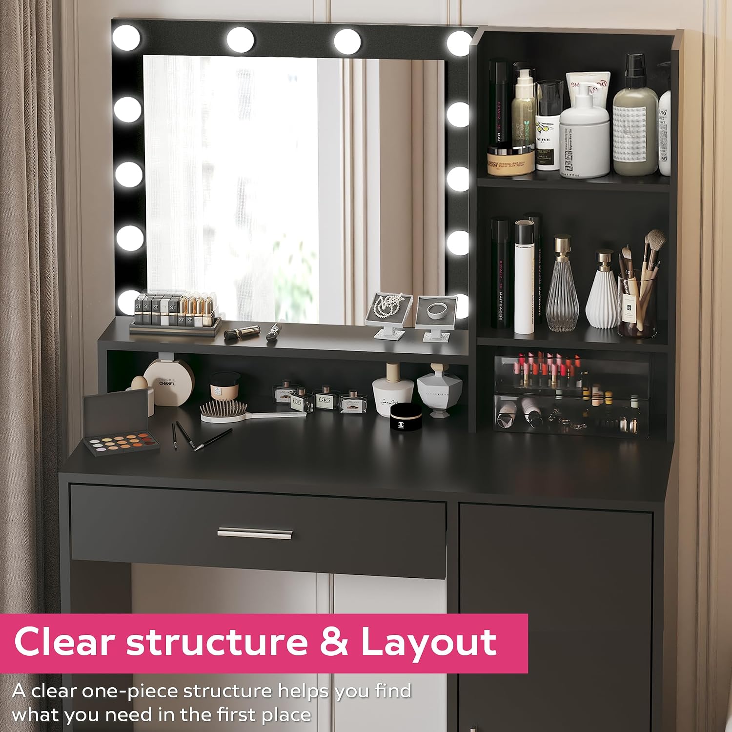 Palimder Vanity Desk with Mirror & Light, Large Drawer & Three Level Storage Dresser, 3 Lighting Modes Adjustable Brightness, Bedroom Dressing Table (Black)