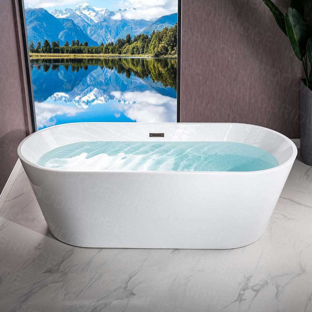 WOODBRIDGE 71' Acrylic Freestanding Bathtub Contemporary Soaking White Tub with Oil-Rubbed Bronze Overflow and Drain,White,B1701 ORB