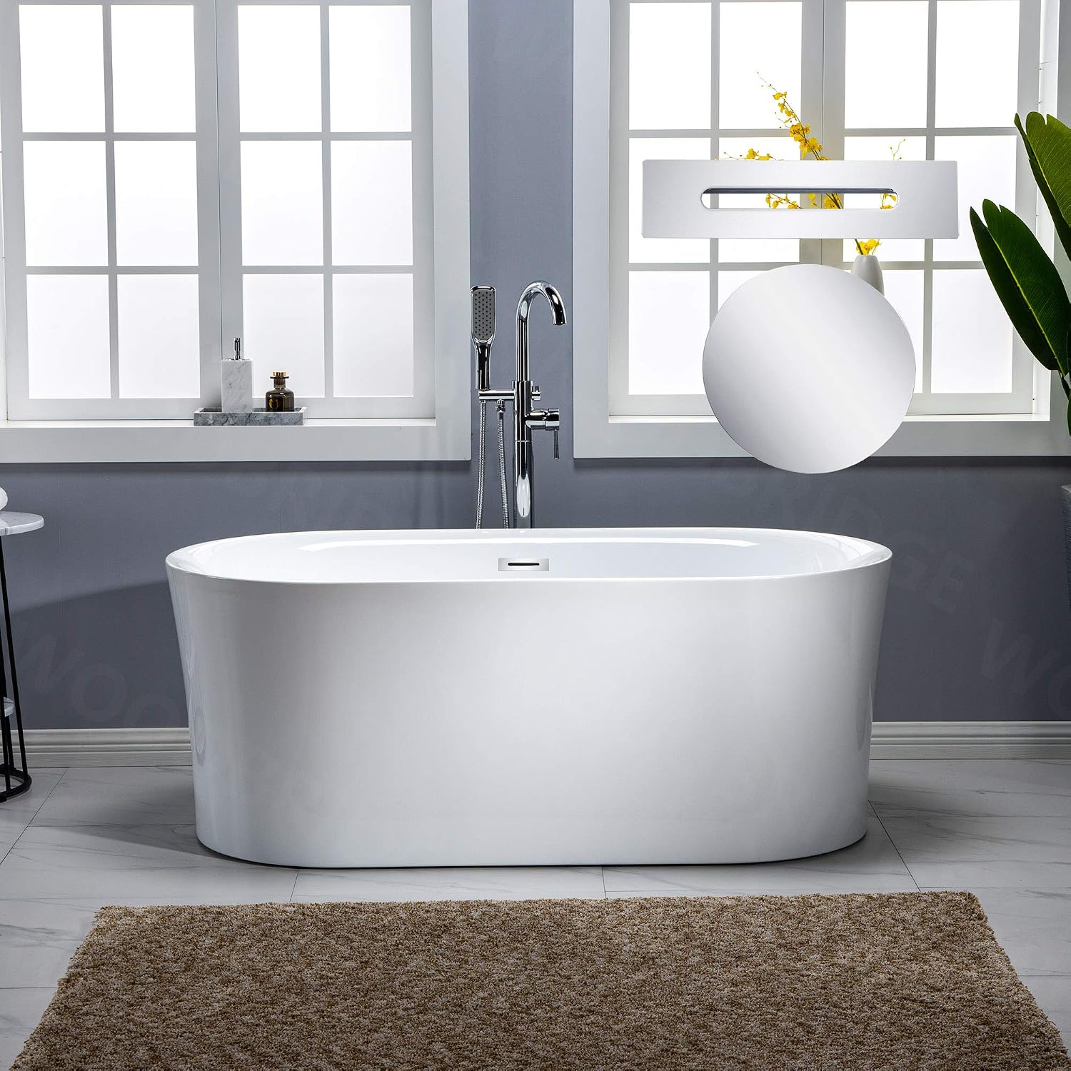 WOODBRIDGE 59' Air Bubble Acrylic Freestanding Bathtub Contemporary Soaking Tub, White Acrylic wirh Chrome Drain and Overflow,B0102-C