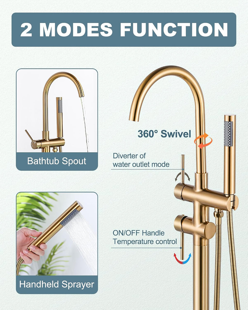 Freestanding Bathtub Faucet Brushed Gold, Floor Mount Tub Filler, High Flow Brass Shower Faucets with Handheld Sprayer for Bath