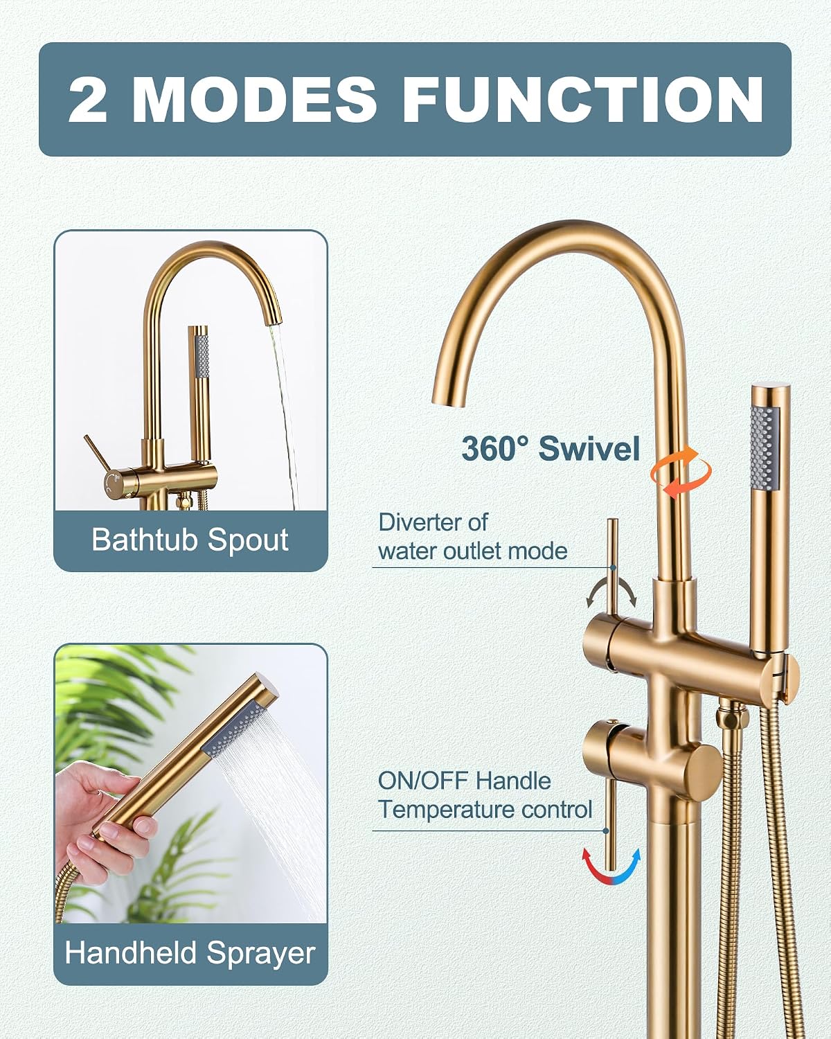 Freestanding Bathtub Faucet Brushed Gold, Floor Mount Tub Filler, High Flow Brass Shower Faucets with Handheld Sprayer for Bath
