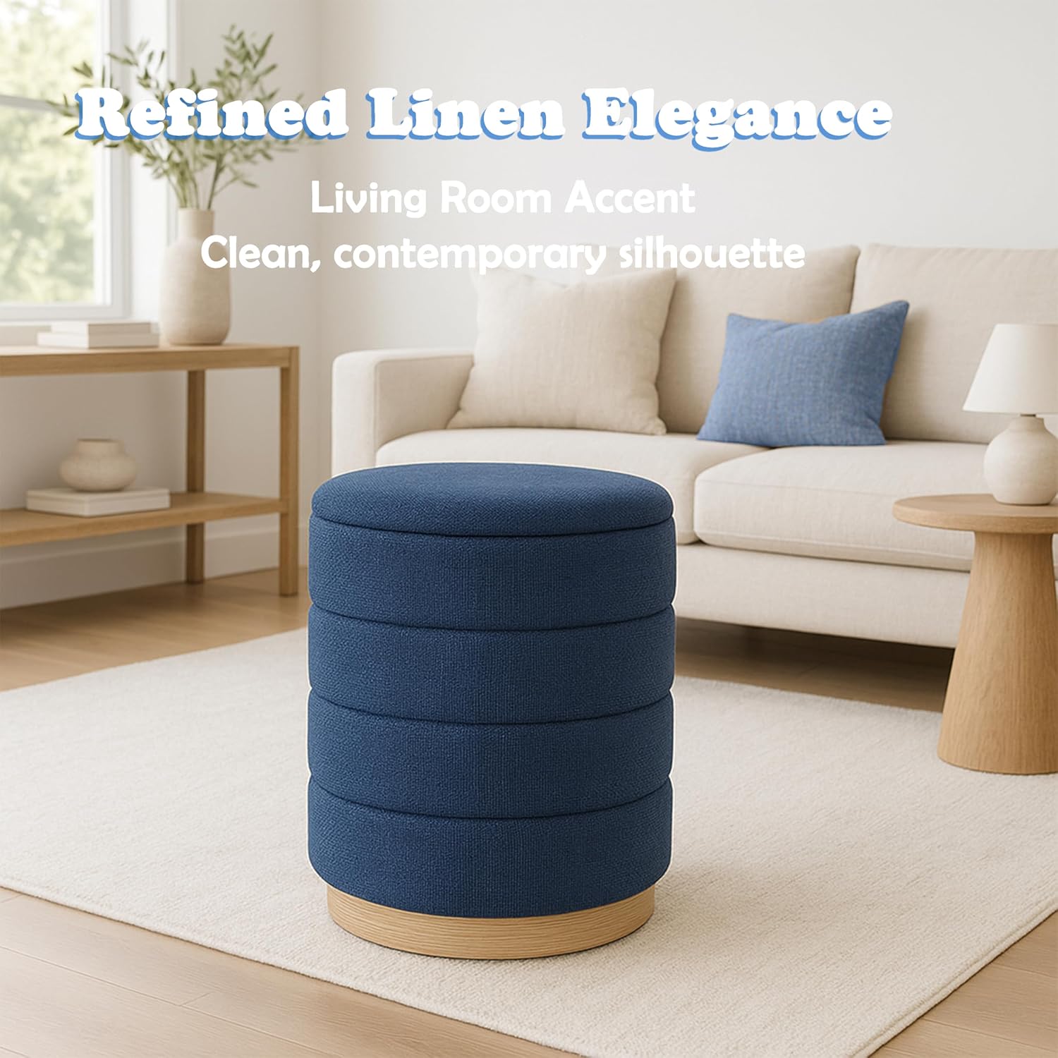 Round Ottoman with Storage – Elegant Durable Linen Upholstered Footrest Bench for Living Room, Cylinder Vanity Stool – Dark Blue
