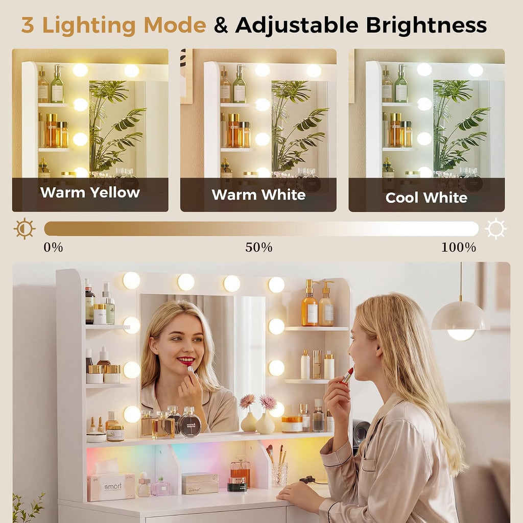 COMHOMA Vanity Desk with Lighted Mirror and Power Outlet, RGB LED Lights Makeup Vanity Set for Girls, Large Storage Capacity Dressing Table for Bedroom, 3 Lighting Modes Adjustable Brightness, White