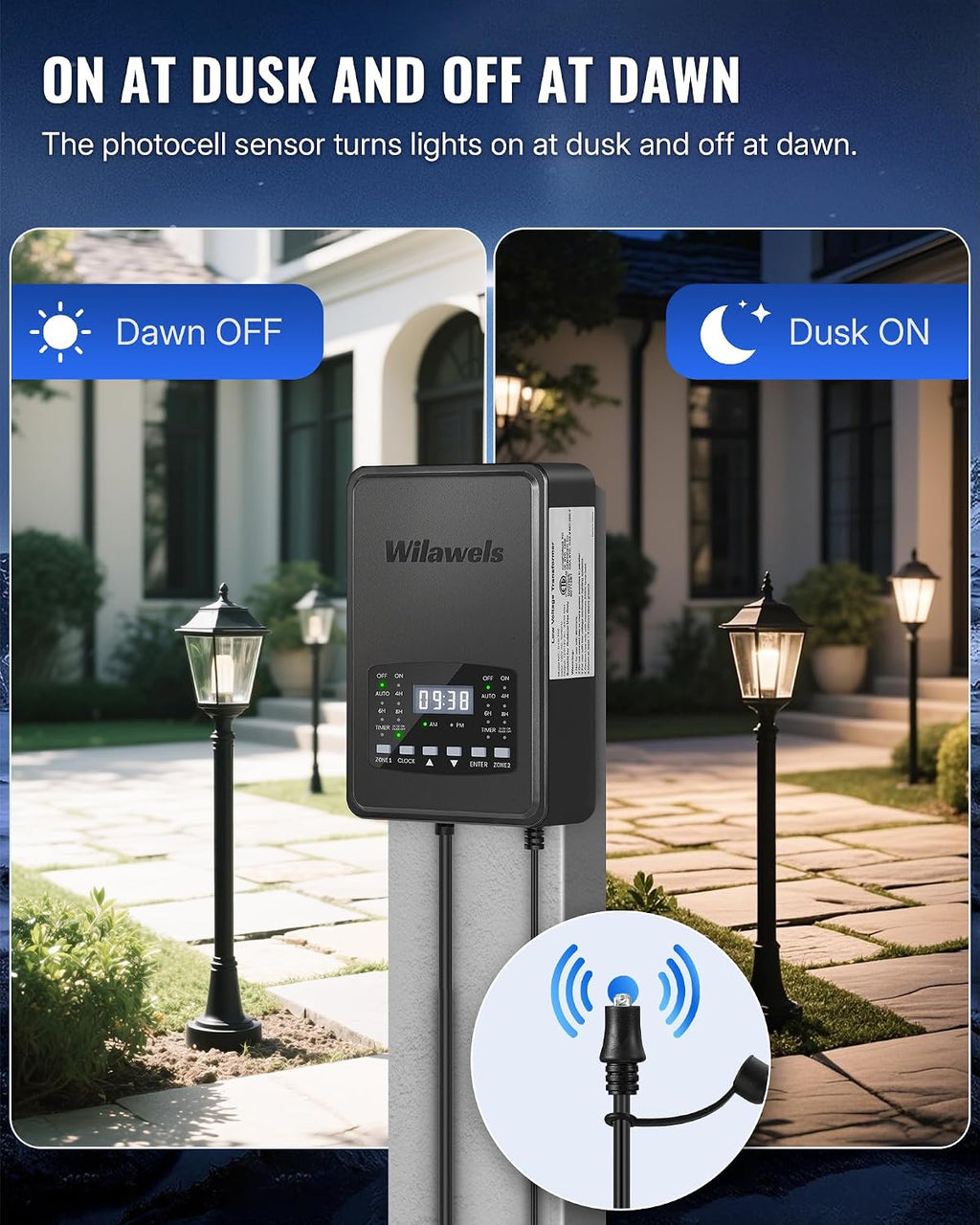 400W Low Voltage Landscape Transformer, 2 Zone Independent Control Landscape Lighting Transformer, 120VAC to 12/14V AC Low Voltage Transformer with Timer & Photocell Sensor ETL Listed D23LT06