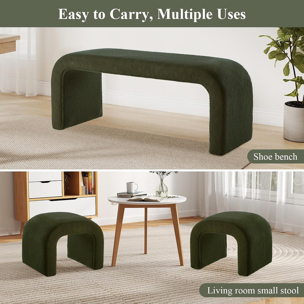 3-Piece Modern Ottoman Bench Set, 44' Wide Teddy Upholstered End of Bed Bench with 2 Foot Stools, Padded U-Shaped Entry Bench Vanity Stool for Living Room Bedroom (Dark Green)