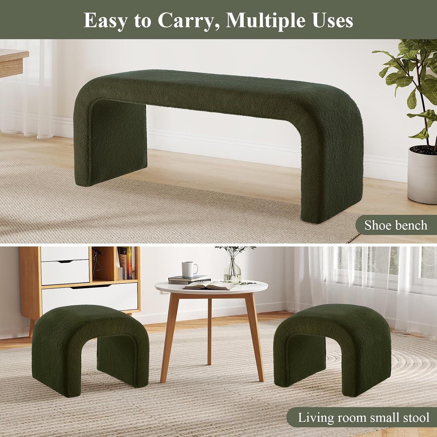 3-Piece Modern Ottoman Bench Set, 44' Wide Teddy Upholstered End of Bed Bench with 2 Foot Stools, Padded U-Shaped Entry Bench Vanity Stool for Living Room Bedroom (Dark Green)