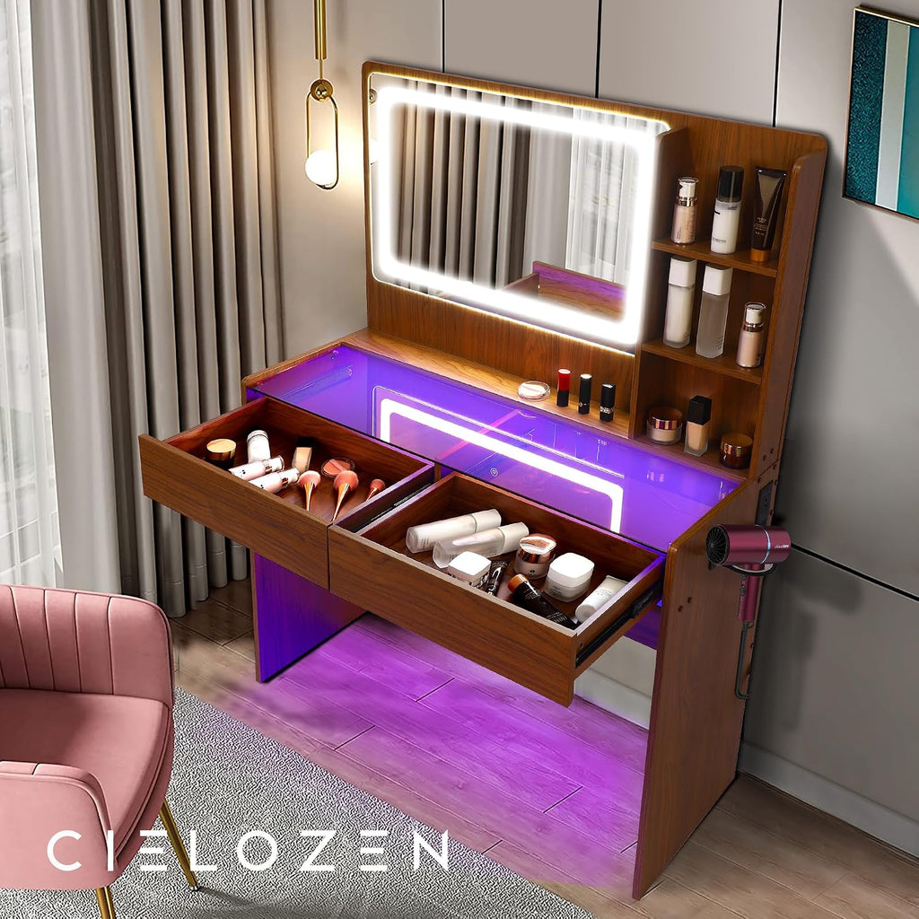 Vanity Desk, Makeup Vanity Desk with Mirror and Lights, Transparent Top with LED Multiple Color Lights, Mirror 3 Color Modes 2 Drawers, Power Outlet, Dressing Table for Girls Bedroom, Peach