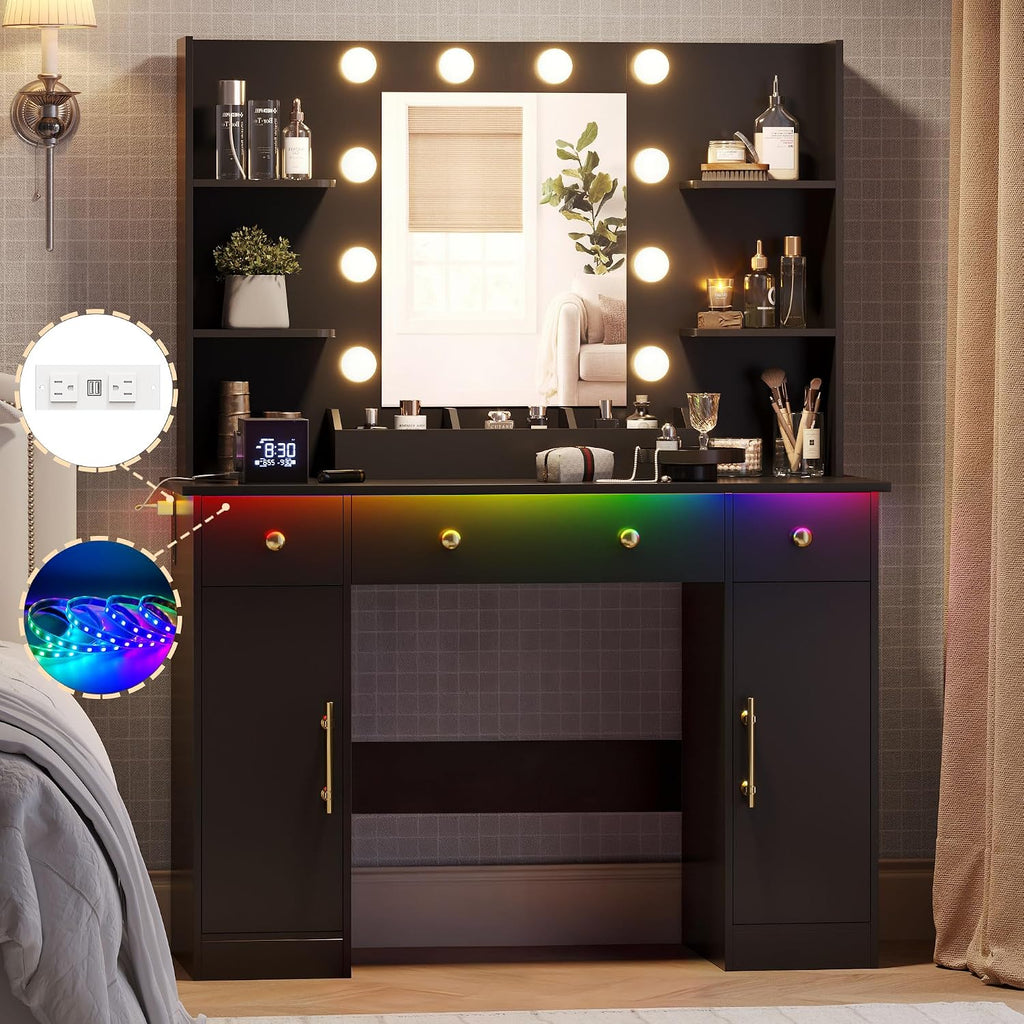 Wodeer Makeup Vanity Desk with Mirror and Lights, 43' Black Vanity Set with 3 Drawers, Power Outlet & Adjustable RGB LED Lights, Dressing Table with Storage Shelf for Women & Girls Bedroom